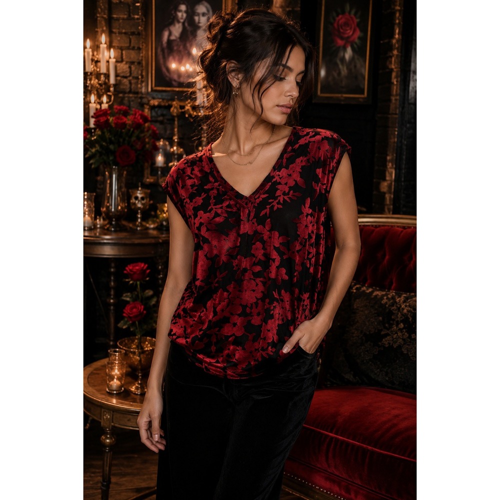 Dear John Yanis‎ Red Black Burnout Velvet Floral Top Dark Romance Soft Grunge S